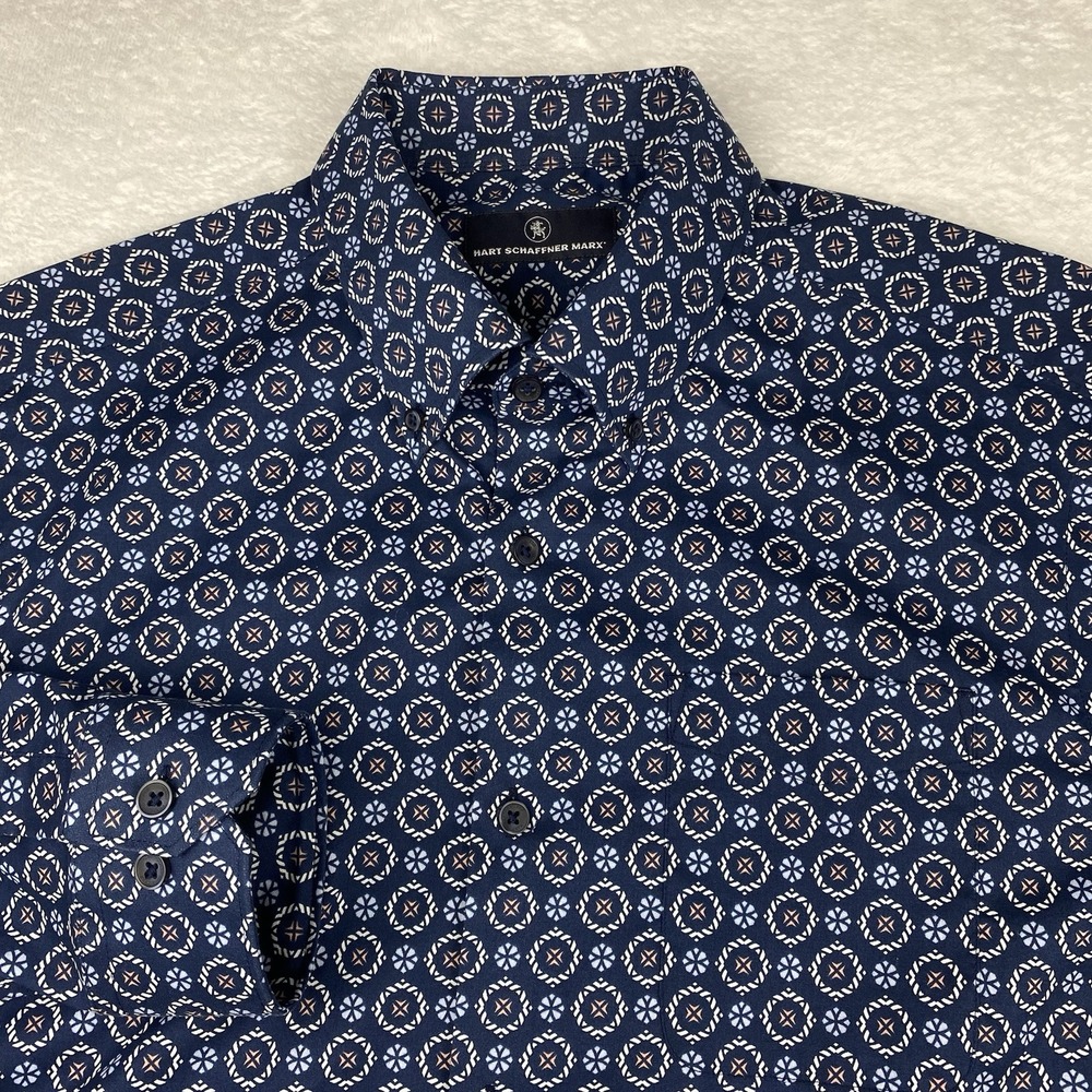 Hart Schaffner Marx Shirt Mens Large Blue Geometric Print Regular Fit Stretch